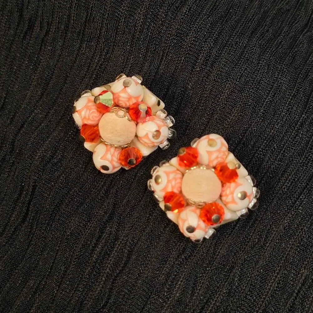 Vintage Orange White Beaded Clip-On Cluster Earrings Floral Retro Mod